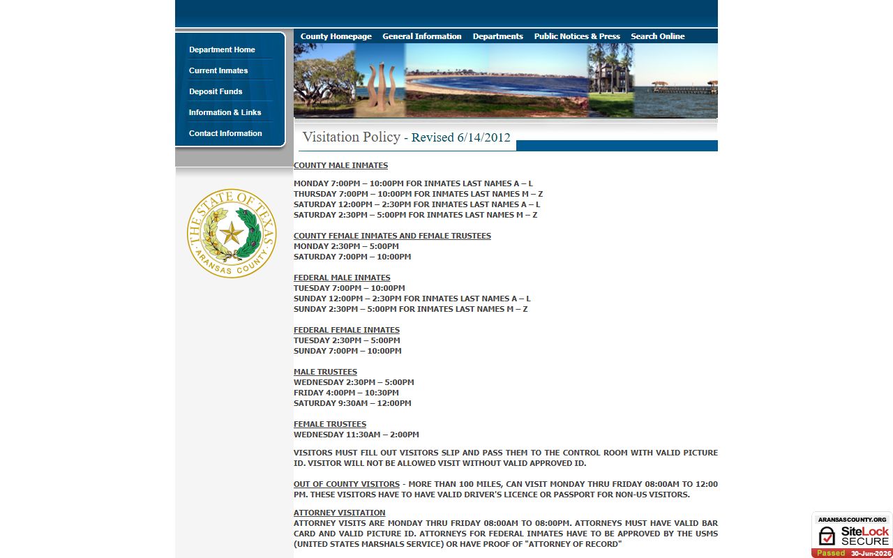 Aransas County inmate records visitation schedule